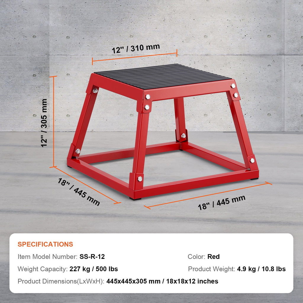 VEVOR 12-Inch Plyometric Jump Box Steel Plyo Platform Anti-Slip Silicone Top 500 Lb Capacity for Home Gym Training Box Jumps Step-Ups & Strength Conditioning – Red