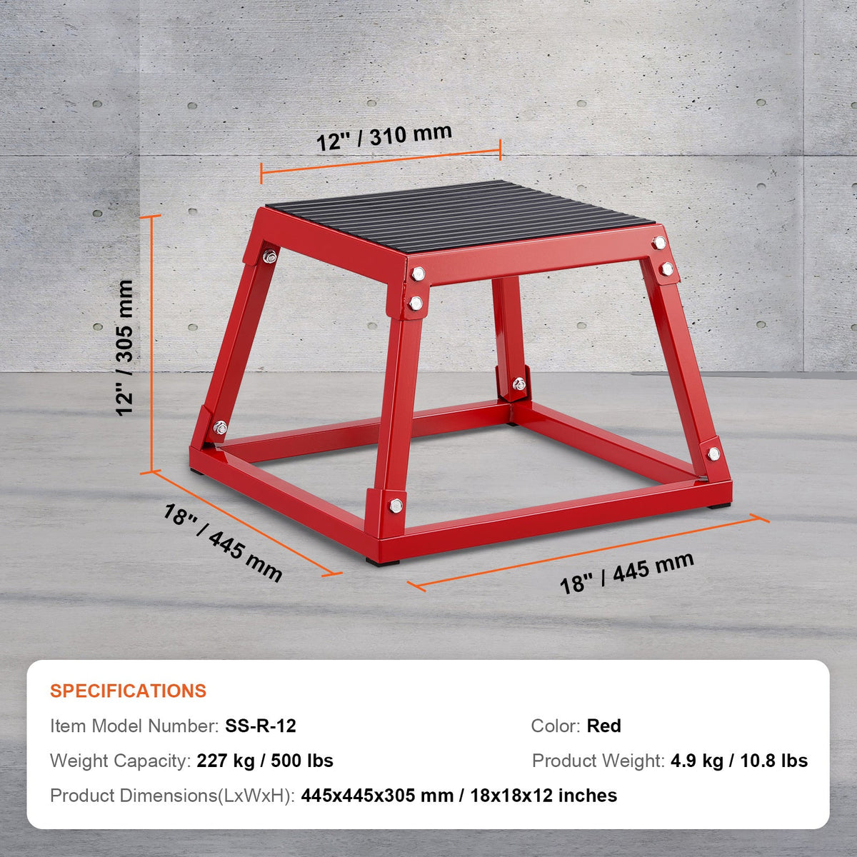 VEVOR 12-Inch Plyometric Jump Box Steel Plyo Platform Anti-Slip Silicone Top 500 Lb Capacity for Home Gym Training Box Jumps Step-Ups & Strength Conditioning – Red
