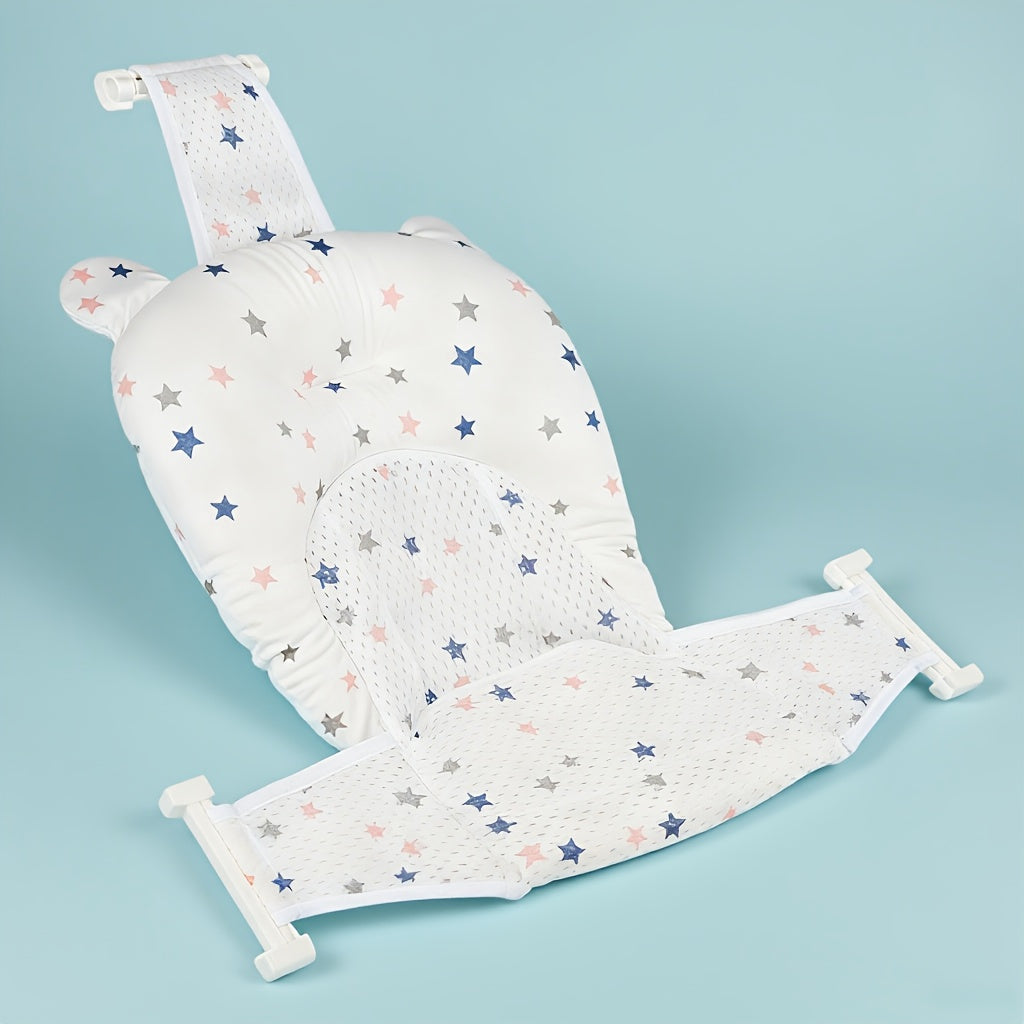 Baby Bath Mat with Star Pattern, 3-Point Adjustable Buckle Safety Baby Bathtub Mat with Breathable Mesh Bottom for Newborns 0–1 Year Old, Non-Slip Infant Bath Support Mat, White Star