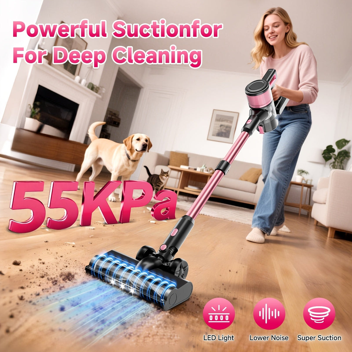 Cordless Vacuum Cleaner 8-in-1 Lightweight Wireless Stick Vacuum for Hardwood Floor, Carpet & Pet Hair, Home Essential Cleaning Gadgets for Housekeeping, Golden Black Pink White Yellow