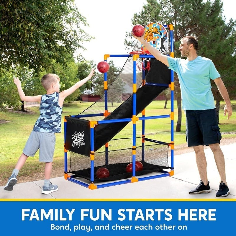 Kids Arcade Basketball Game Set with LED Lights & Electronic Scoreboard – Height Adjustable Hoop 4 Balls Air Pump Cheer Sound Indoor Outdoor
