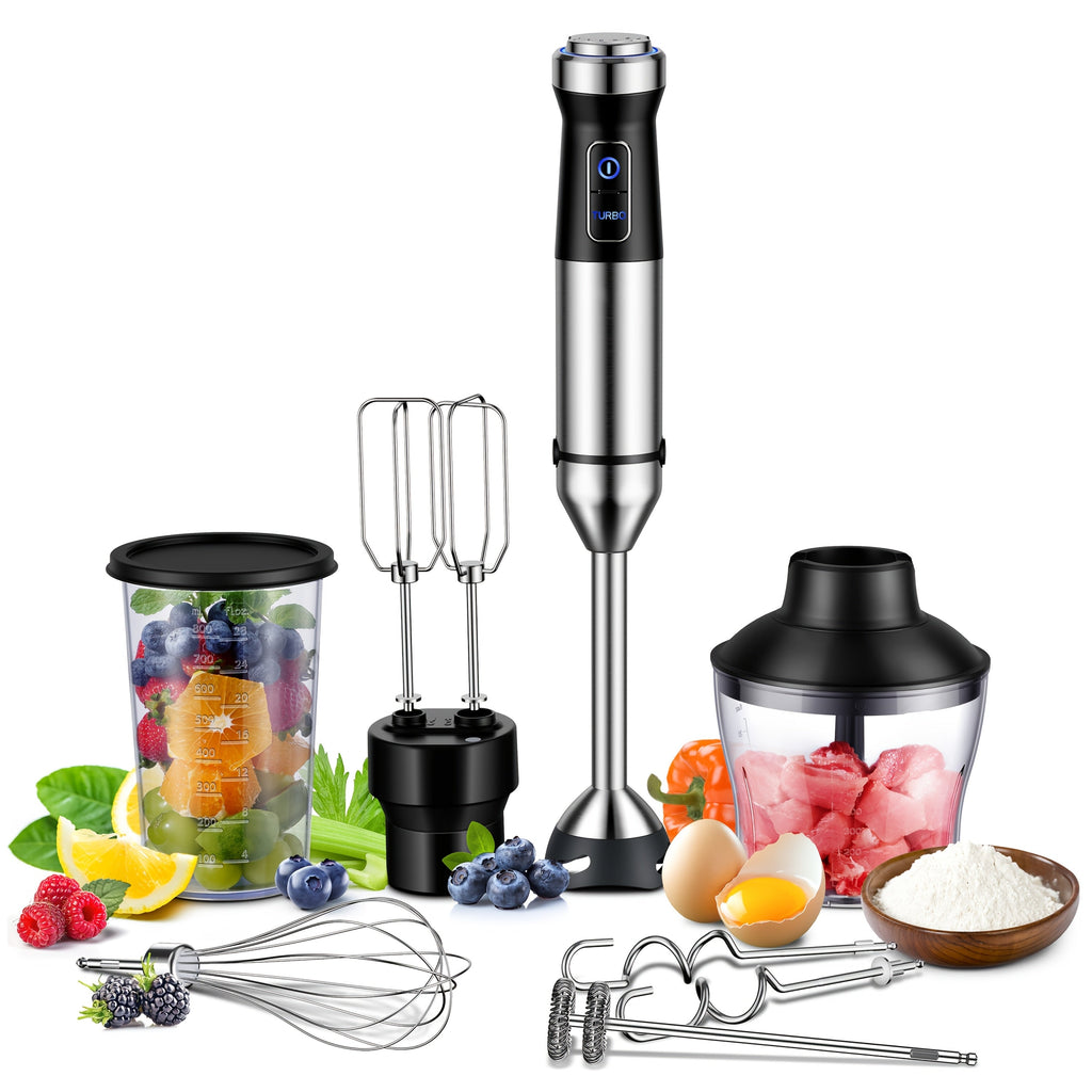 7-in-1 Immersion Blender 1000W with 20 Speeds & Turbo - Titanium Blades, BPA-Free, Dough Hooks, Egg Beaters, Whisk, 27oz Beaker & 20oz Chopper, Scratch-Resistant Hand Blender for Kitchen
