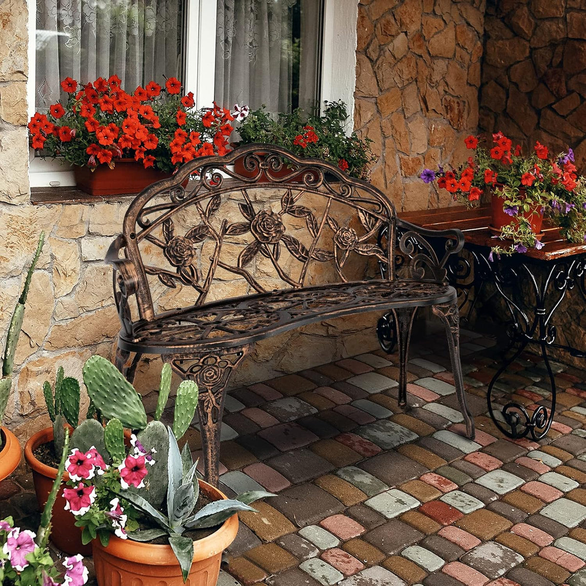 Outdoor Metal Rose Garden Bench Cast Aluminum Frame 500lb 2-Person Seating for Patio Porch Path Lawn Yard & Deck – Weather Resistant, Anti-Rust, Classic Decorative Design, Bronze/White/Green