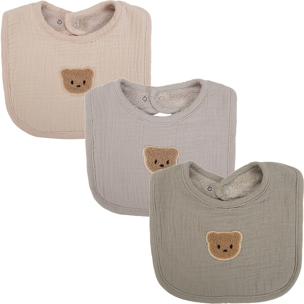 Muslin Baby Bibs Set of 3, Soft Gauze Bear Bandana Drool Bib with Absorbent Pocket for Newborns & Infants, Feeding Burp Cloth for Boys & Girls, Baby Shower Gift