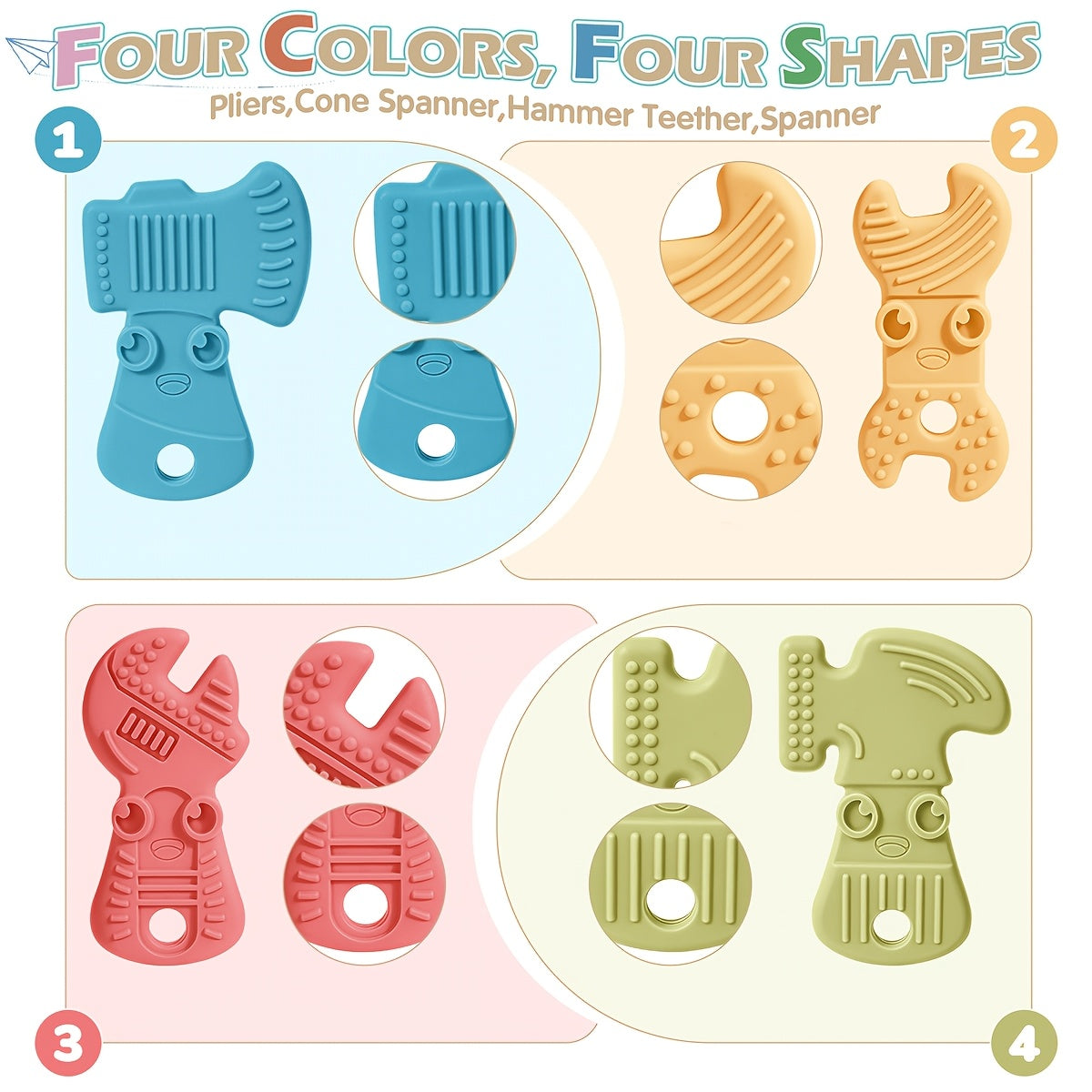 4-Pack Silicone Baby Teething Toys Set, Tool-Shaped Molar Teether Chew Toys (Hammer Wrench Spanner Pliers) for Boys & Girls 0+, Soft Textured Easy to Hold & Clean, Light & Dark Color Series
