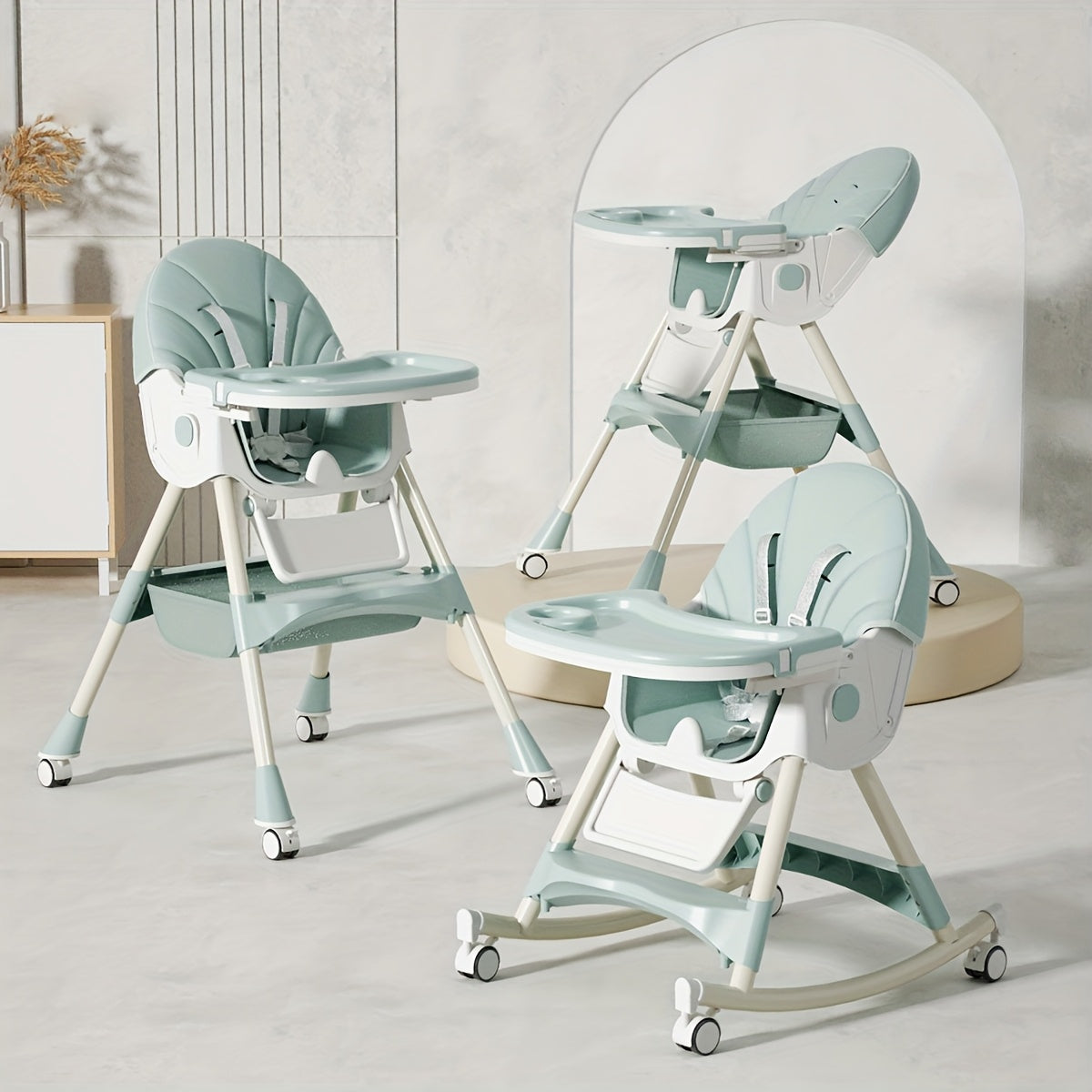 Multi-Functional Adjustable Children's High Chair, 3-in-1 Adjustable Kids Dining Chair with Rocking Chair & Portable Table Function for Home Use, Beige Green & Pink