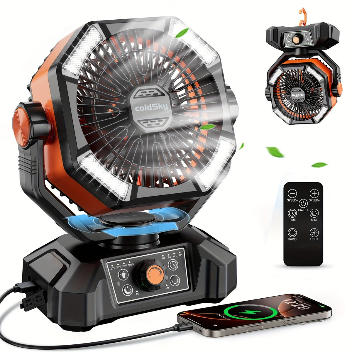 Portable Camping Fan with Remote Control - 8 Speeds, Dual Motor, Rechargeable Battery, Outdoor Fan for Camping Tent Yard Barbecue Beach - Orange Black & Green Black