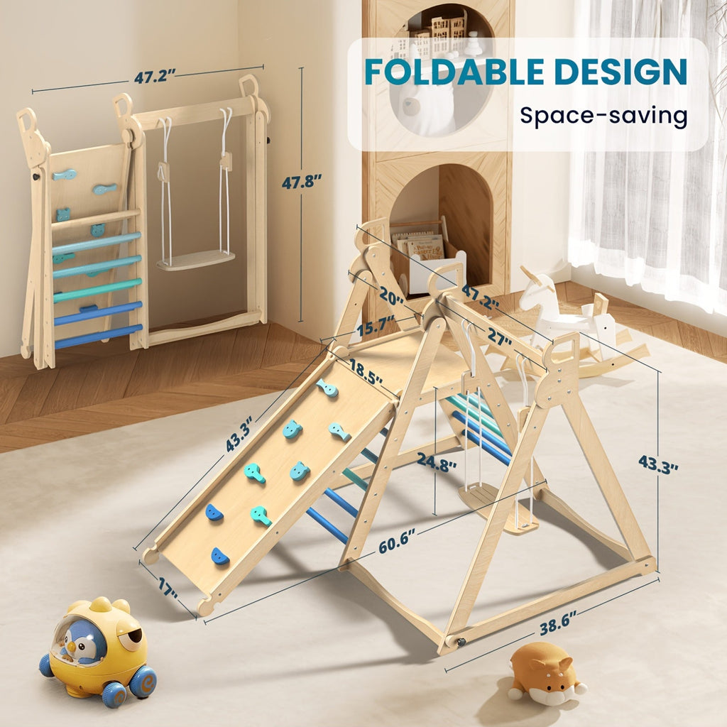 4-in-1 Indoor Wooden Jungle Gym for Toddlers & Kids, A-Frame Climbing Set with Swing, Slide, Climbing Wall & Ladder, Natural Wood Indoor Playground for Active Play & Motor Skill Development