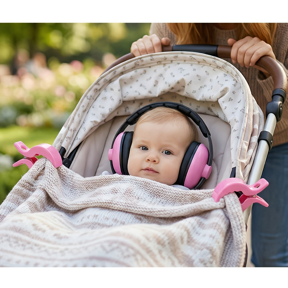 Portable Ear Muff with 2 Baby Stroller Fixing Clips, Soft Padded Adjustable Headband Ear Cover for Outdoor Travel & Camping, Removable Stroller Blanket Sunshade Clip Accessory Set