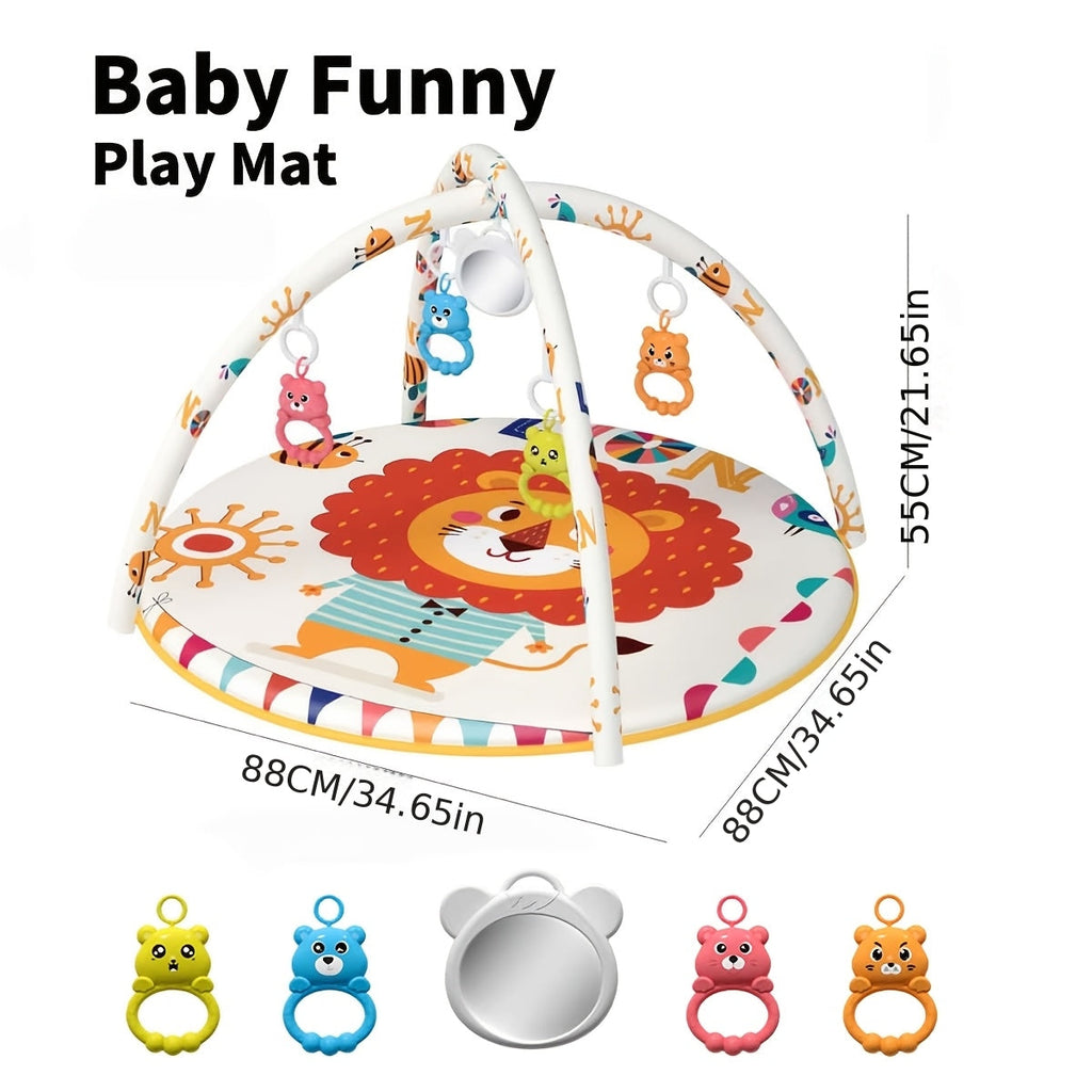 Baby Play Gym & Activity Mat with 5 Detachable Toys, Animal Pattern Infant Tummy Time Mat for 0-12 Months, Sensory Development Crawling Mat with Non-Slip Base, Machine Washable & Foldable