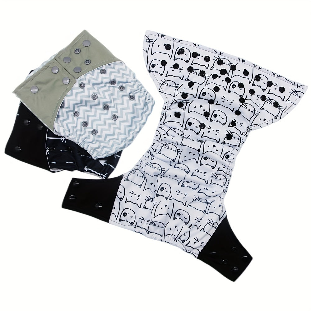 Reusable Cloth Diaper Set of 3 for Baby 0-2 Years, Washable Adjustable One-Size Pocket Diapers Fits 6.6-33 lbs, Cute Print Unisex Cloth Nappies for Boys & Girls