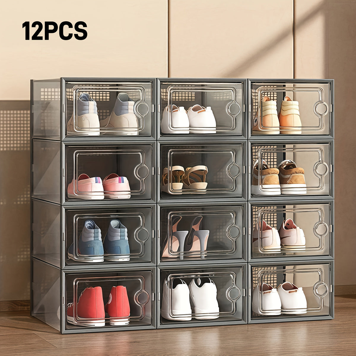 12-Pack Transparent Plastic Shoe Boxes with Lids - Large Capacity, Thickened, Stackable - Closet, Entryway, Front Door & Under-Bed Shoe Storage - Grey