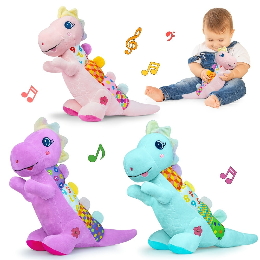 Musical Plush Stuffed Dinosaur Baby Toy with Teether, Crinkle Texture, Squeaky & Rattle, Multi-Sensory Infant Toy for 0-3-6-12+ Months, 3 Colors Including Pink Purple & Blue
