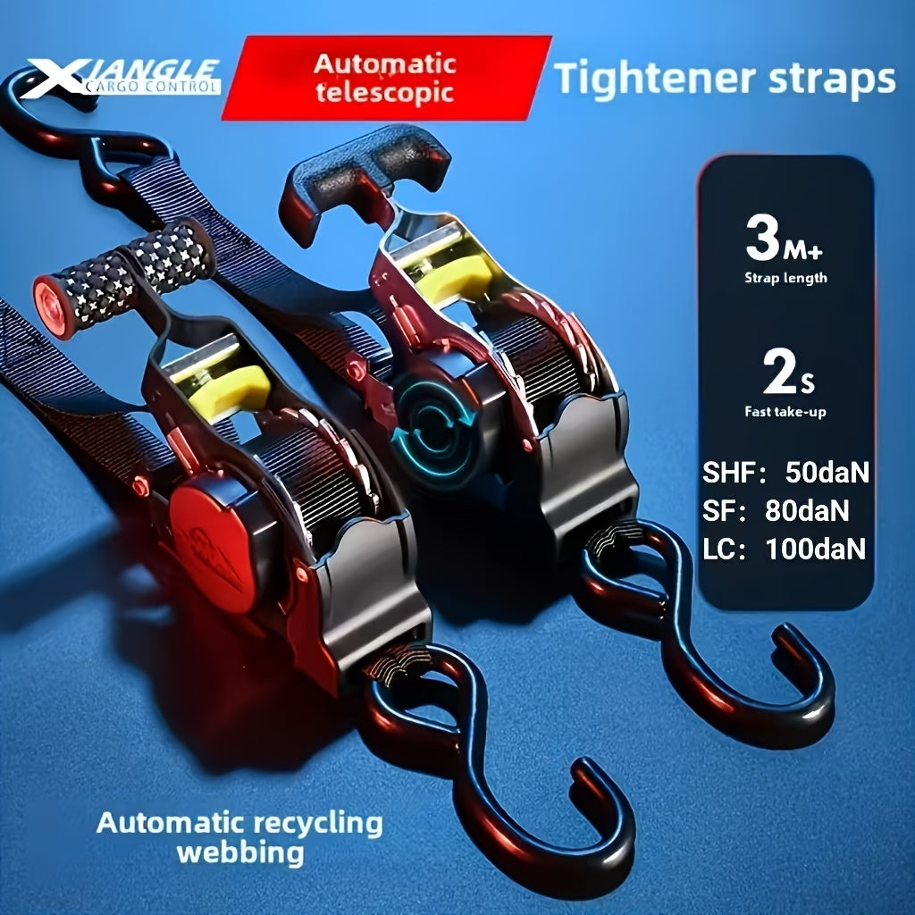 Heavy-Duty Automatic Retractable Cargo Strap - No Assembly, Free Extension & Contraction, Coilable - Moving, Towing, RV, Trailer & Vehicle Load Securing - Black