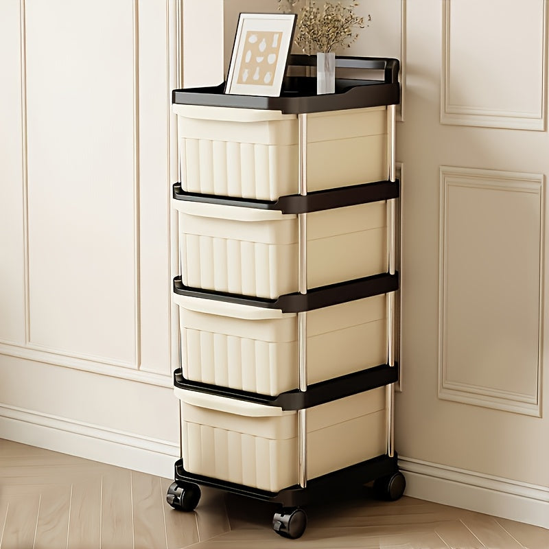 Rolling Drawer Storage Cabinet - 3 or 4-Layer, Plastic Stackable with Wheels, Multi-Function Mobile Storage Cart & Trolley - Bedroom, Living Room, Office, Craft & Grocery - Black Frame