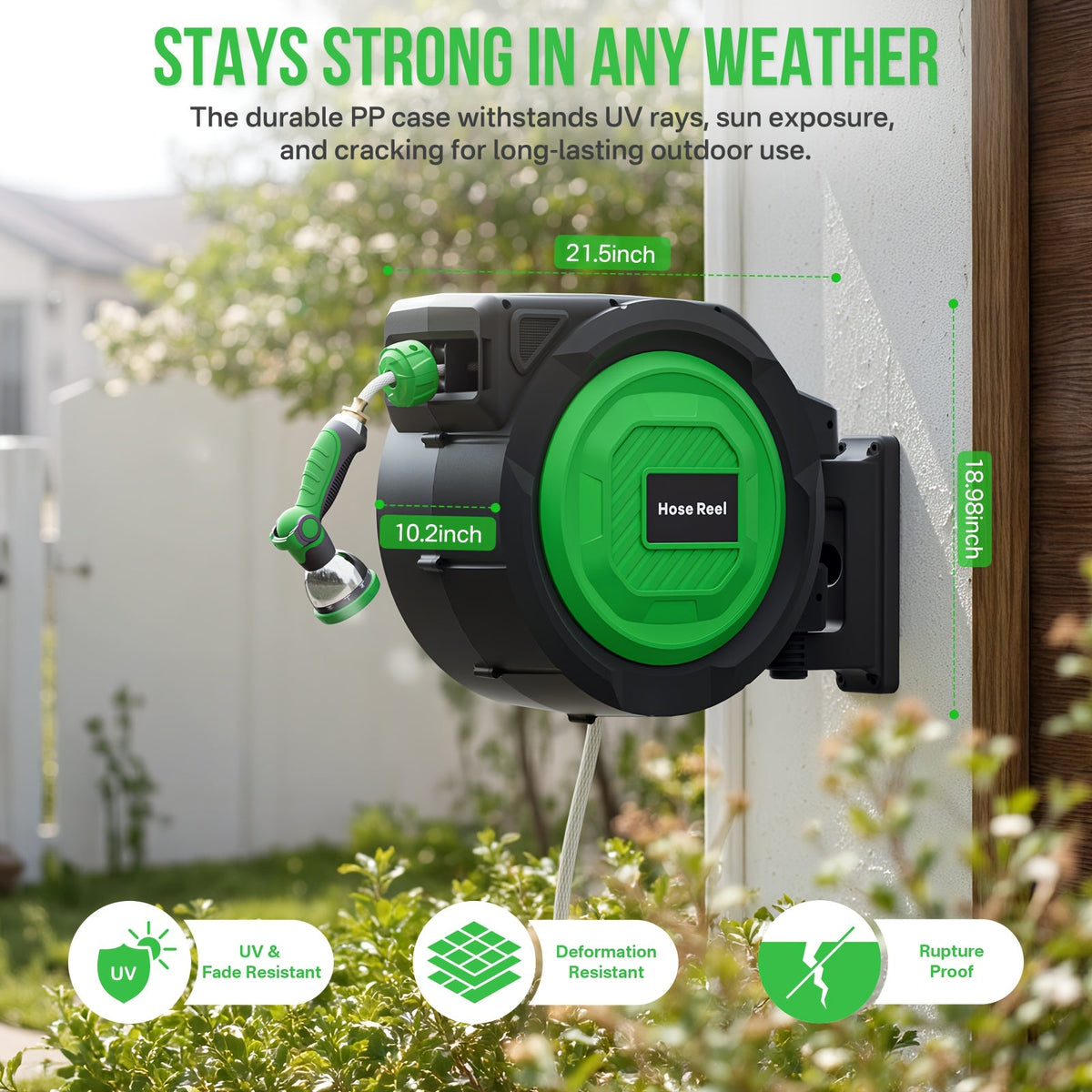 Retractable Garden Hose Reel 100ft/150ft Wall Mounted Auto Rewind, 10 Spray Modes, 3-Layer PVC 200PSI, 180° Swivel for Outdoor Gardening Patio Car Wash & Pet Shower – Freeze-Proof, Brass Fittings