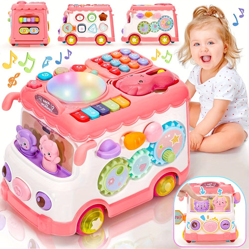 10-in-1 Musical Toy Bus for Babies, Sensory Learning Toy for 6 12 18+ Months, Baby Boy & Girl First Birthday Christmas Gift, Interactive Infant Activity Toy with Lights & Sounds