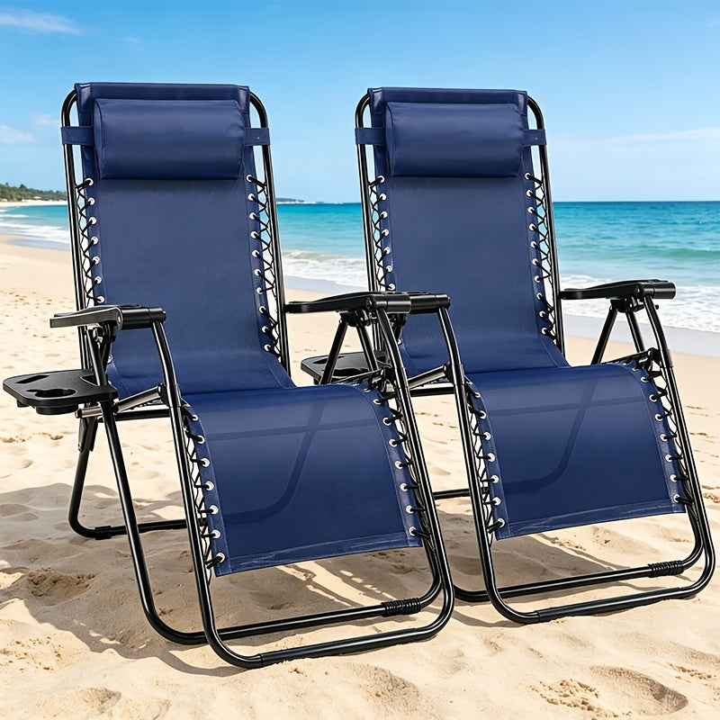 2-Pack Zero Gravity Chairs – Breathable Fabric Adjustable Reclining Outdoor Lounge Chair with Cup Holder Tray & Headrest Pillow for Beach Camping Poolside Backyard & Garden in Black Blue Grey & Khaki
