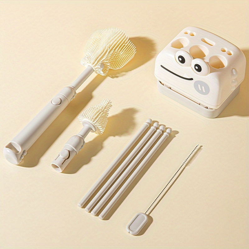 8-in-1 Silicone Baby Bottle Brush Cleaning Set with Portable Case, Drying Rack, Straw Brush & Nipple Brush, All-in-One Feeding Accessory for Home & Outdoor Use, 3 Colors Including Beige Green & Pink