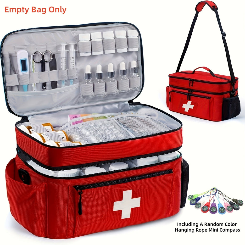 Large First Aid & Emergency Bag with Shoulder Strap - Double-Layer, Multiple Compartments, Mini Compass Included, Portable Emergency Organizer - Red, Gray, Black (Empty Bag Only)