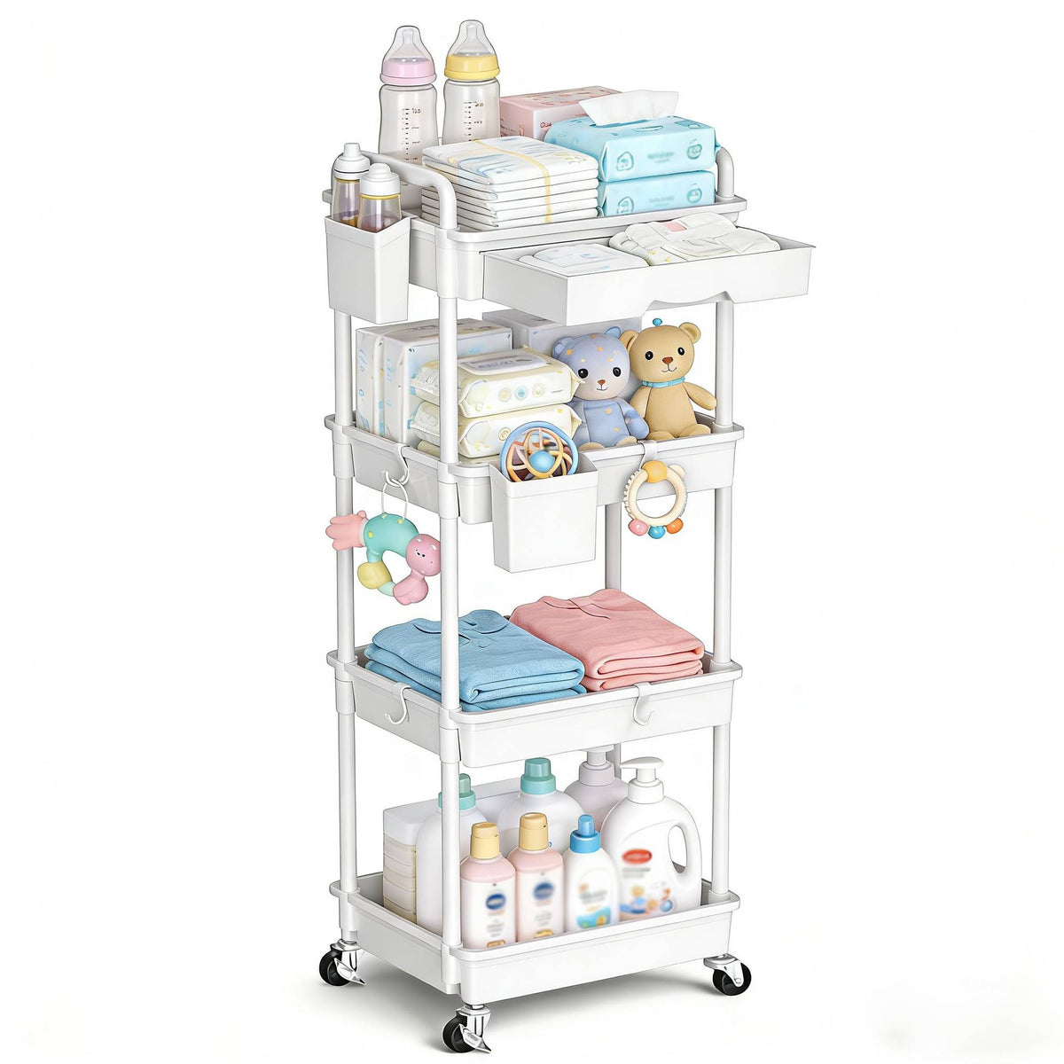 3-Tier & 4-Tier Mobile Nursery Storage Cart on Wheels, Space-Saving Rolling Organizer for Nursery & Baby Room Decor, Sturdy with Smooth Wheels, Baby Pink, Green, Blue, Purple, White, Black & Grey