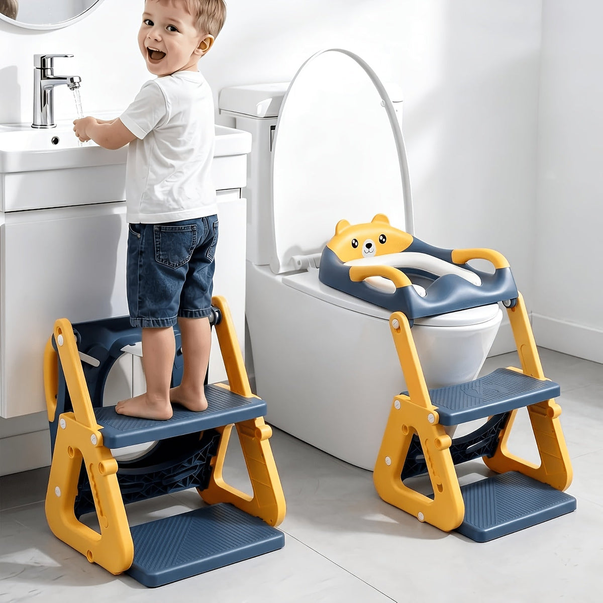 2-in-1 Adjustable Potty Training Toilet Seat with Step Stool for Toddlers, Stable Anti-Slip Potty Seat with Splash Guard for Boys & Girls, Grey White Green & Blue Options