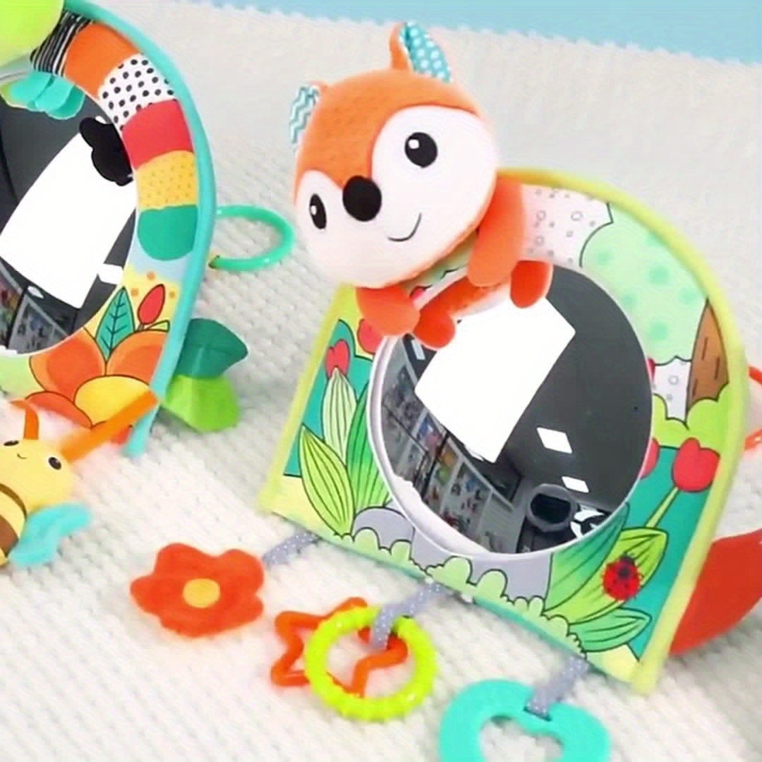 Baby Rear-Facing Car Mirror with Hanging Interactive Toys, Travel Activity Center for Tummy Time & Car Rides, Self-Awareness Tactile Auditory Visual Training, Orange Fox Gray Fox & Caterpillar