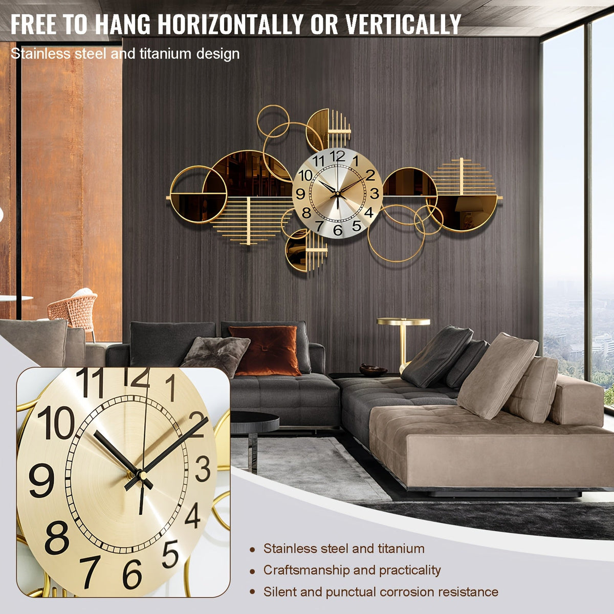 3D Metal Wall Clock Silent No-Ticking – Large 34"x17" Decorative Modern Wall Art Clock for Living Room Bedroom in Brown