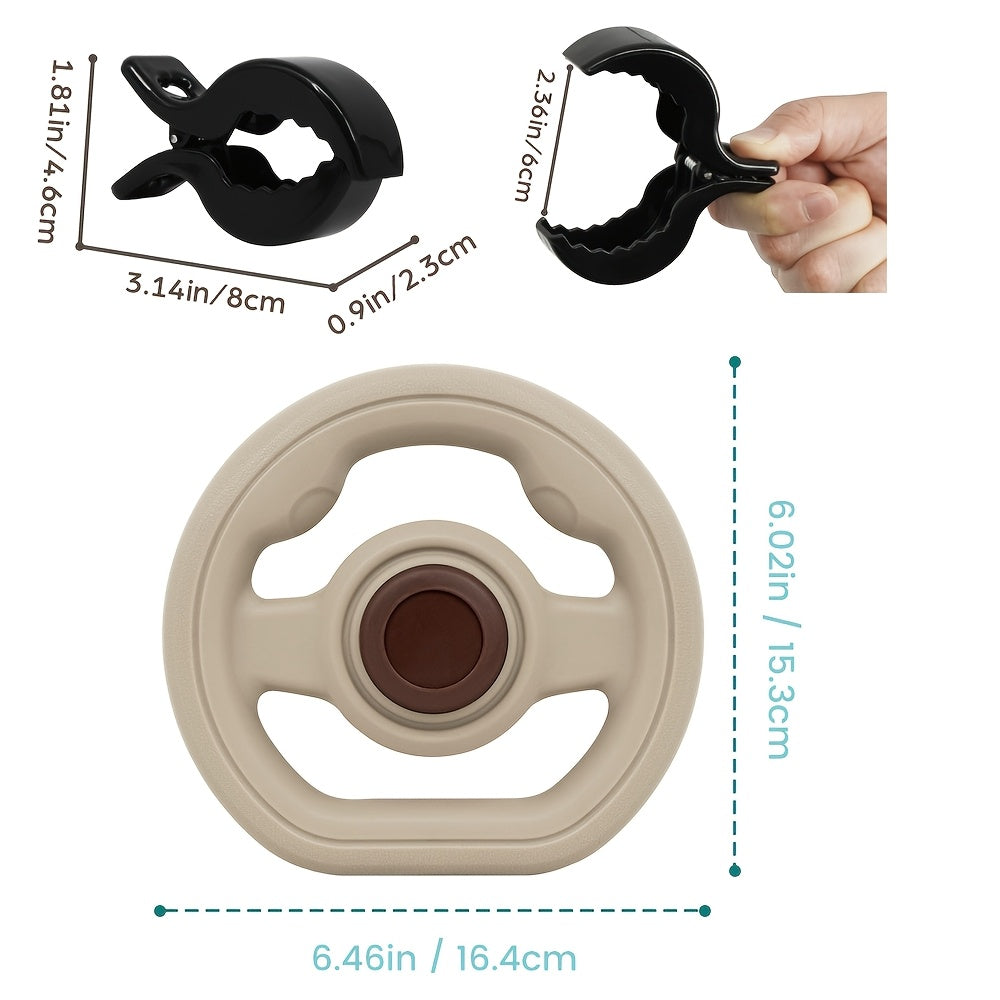 4-Piece Baby Stroller Blanket Clips with Simulation Steering Wheel Toy, Adjustable Universal Pram Blanket Pegs for Sun Wind & Insect Protection, Tool-Free Stroller Accessory, Black Khaki Blue & Pink