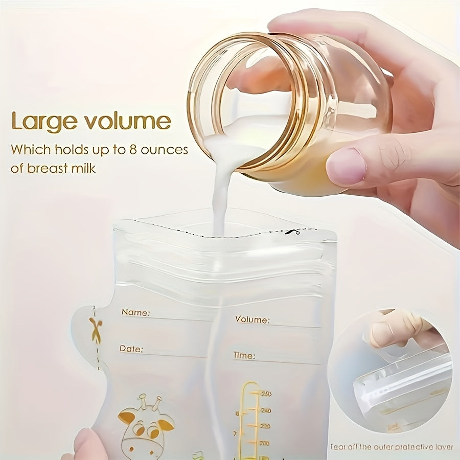 100-Pack 8oz/250ml Breast Milk Storage Bags with Pour Spout, Double-Sealed Self-Standing Flat Profile Freezer & Refrigerator Safe Transparent PP Milk Storage Bags for Breastfeeding Moms