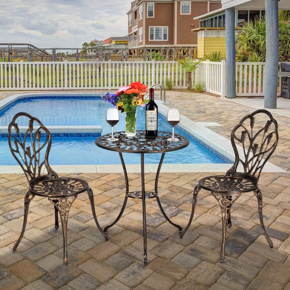 Bonnlo 3-Piece Cast Aluminum Patio Bistro Set Tulip Design Rust-Resistant Outdoor Table & 2 Chairs with Adjustable Feet for Backyard Patio Garden & Balcony – Brown