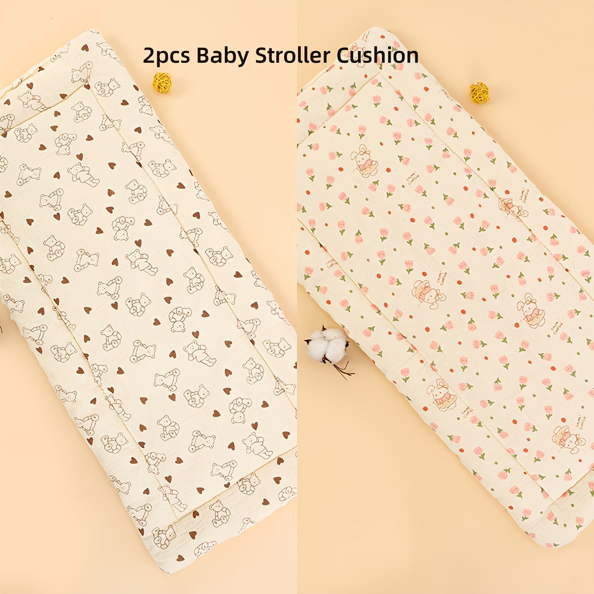 Soft Gauze Baby Stroller Mattress Pad, Breathable Comfortable Stroller Liner for Newborns & Infants, 6 Cute Styles Including Tulip Bear Pink Bunny & Color Dots