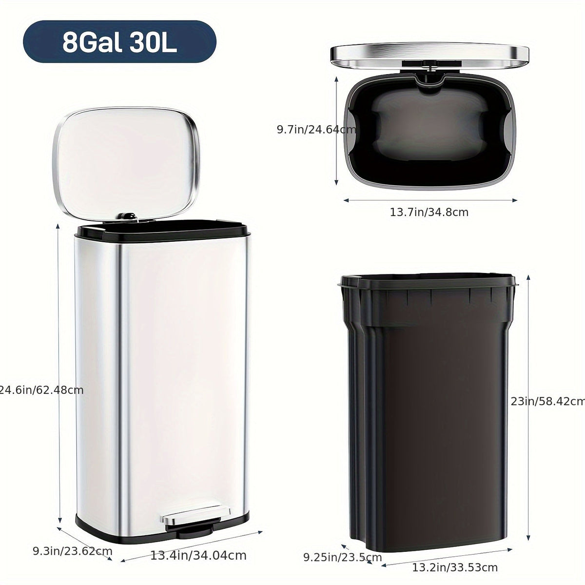 Stainless Steel Step Trash Can 7.93 Gallon – Soft-Close Hinged Lid Odor-Seal Waste Bin with Removable Inner Bucket for Kitchen Bathroom Bedroom in 6 Colors
