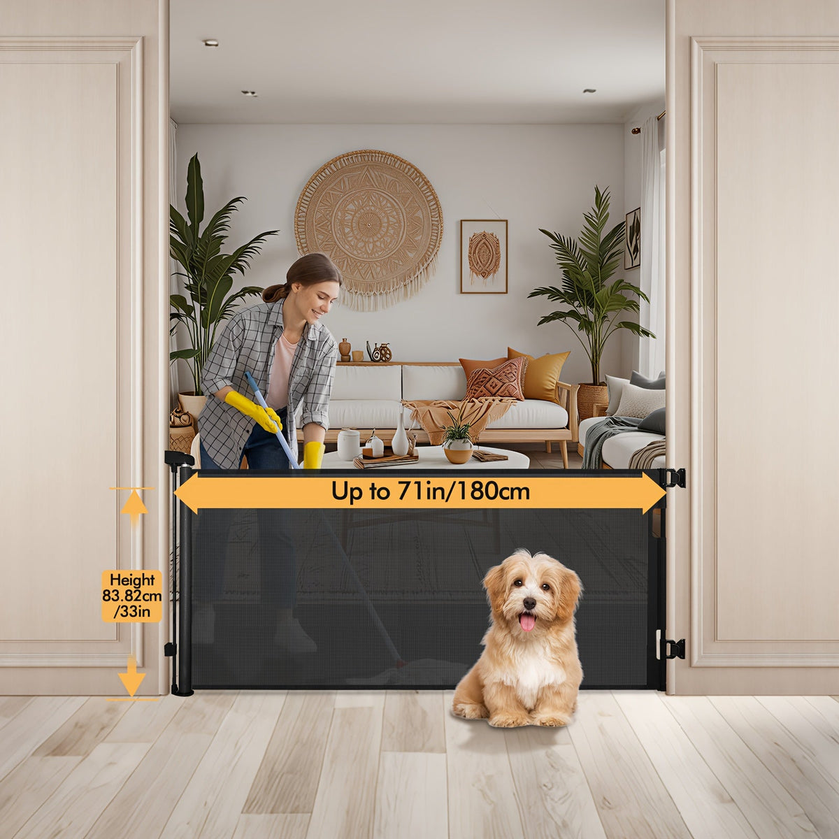 VERASTE Retractable Mesh Safety Gate, 33"/41" Tall Baby & Pet Gate for Doorways, Stairs & Hallways, Indoor & Outdoor Use, Multiple Width Options, Black, White & Gray
