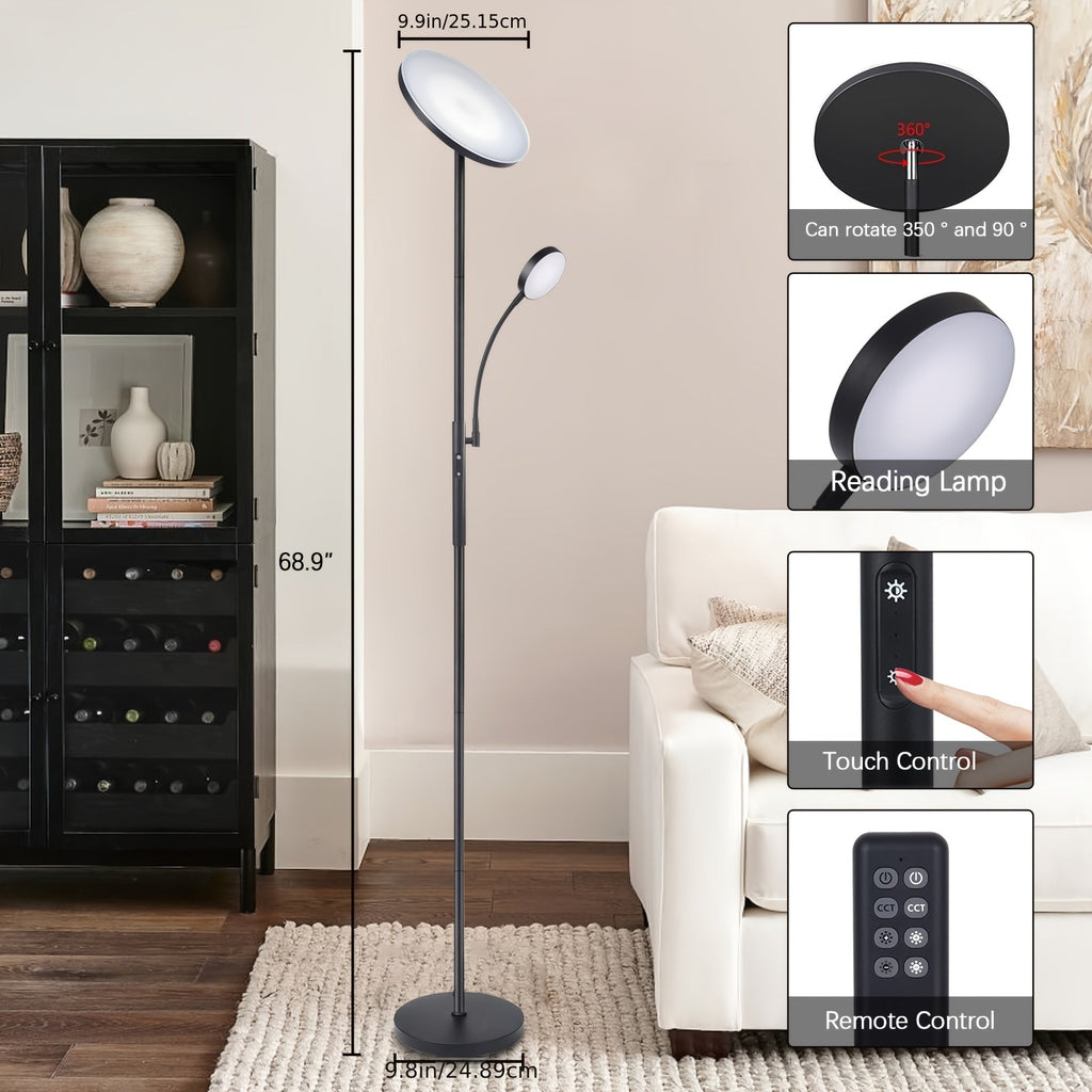 Dual-Function LED Floor Lamp 27W 2300LM Torchiere & 7W 350LM Reading Light 4 Color Temps Dimmable Remote & Touch Control for Home & Office – Black & White