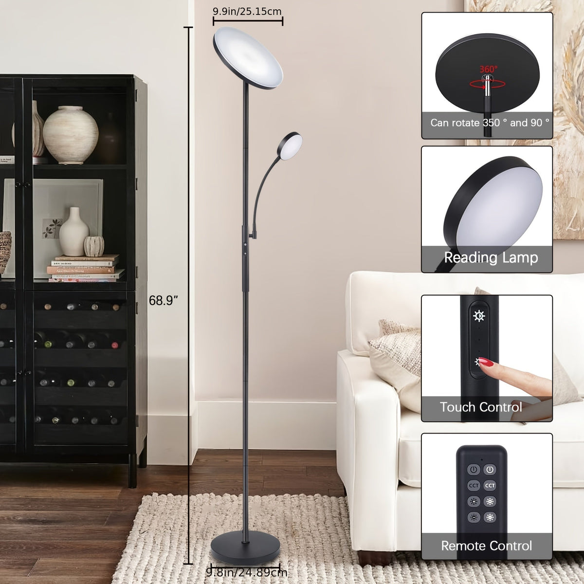 Dual-Function LED Floor Lamp 27W 2300LM Torchiere & 7W 350LM Reading Light 4 Color Temps Dimmable Remote & Touch Control for Home & Office – Black & White