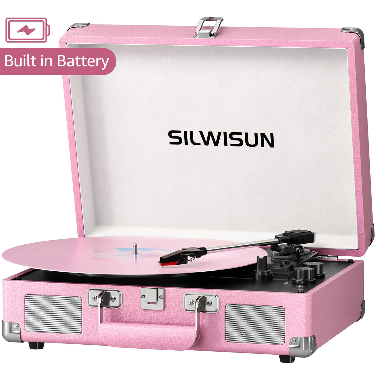 Portable Suitcase Vinyl Record Player – 3-Speed Turntable with Built-In Battery Wireless Speakers Headphone Jack AUX & RCA in Pink Green Brown