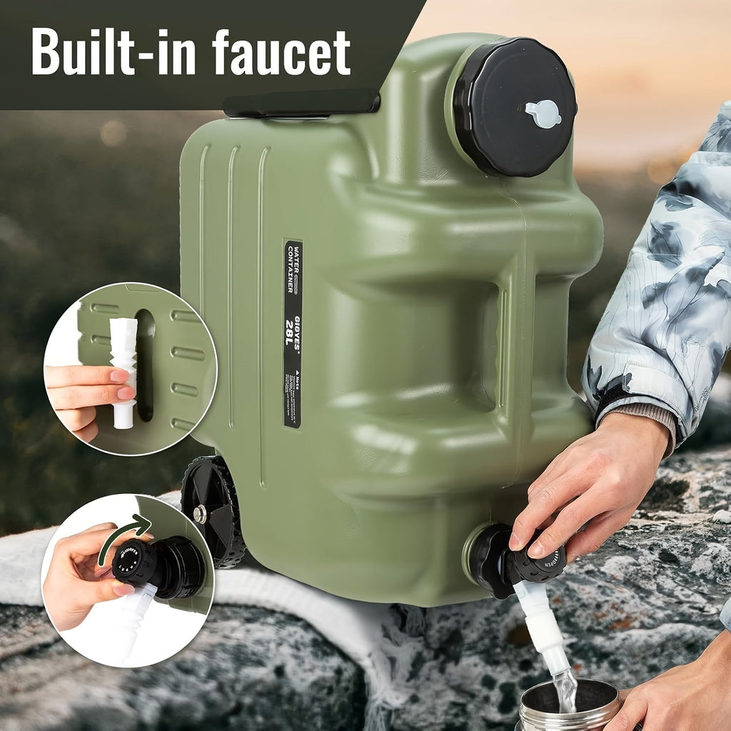 7.4 Gallon Portable Water Tank with Wheels - Large Capacity Durable PE Square Water Container for Camping, Hiking & Picnics - Khaki, Green, White & Black