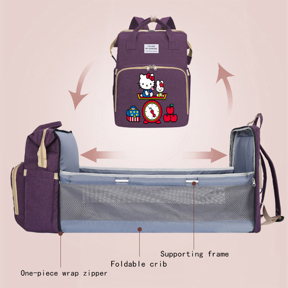 Cute Cartoon Kitty Print Diaper Backpack, Large Capacity Baby Bag for Travel & Daily Outing, Stylish Mom & Dad Baby Bag, Black Purple & Grey