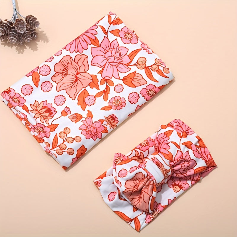 2-Piece Baby Wrap & Headband Set, Soft Floral Baby Girl Hair Wrap & Headband Accessory Set, Safflower, Orange Blossom & Purple Flower