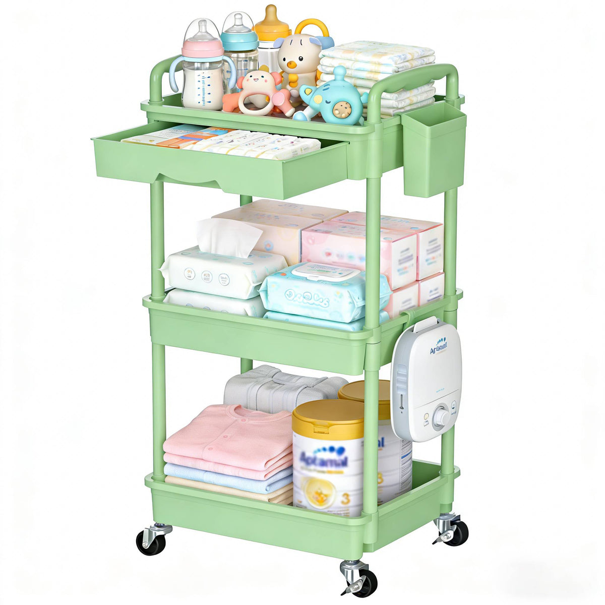 3-Tier & 4-Tier Mobile Nursery Storage Cart on Wheels, Space-Saving Rolling Organizer for Nursery & Baby Room Decor, Sturdy with Smooth Wheels, Baby Pink, Green, Blue, Purple, White, Black & Grey
