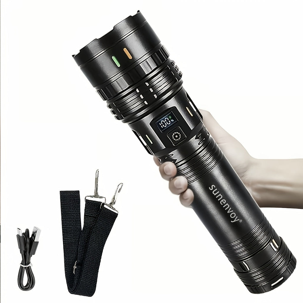 High-Power LED Tactical Flashlight with Shoulder Strap - Adjustable Beam, USB Rechargeable, Lightweight ABS for Camping, Travel, Emergency & Patrol
