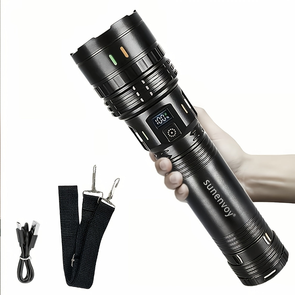 High-Power LED Tactical Flashlight with Shoulder Strap - Adjustable Beam, USB Rechargeable, Lightweight ABS for Camping, Travel, Emergency & Patrol