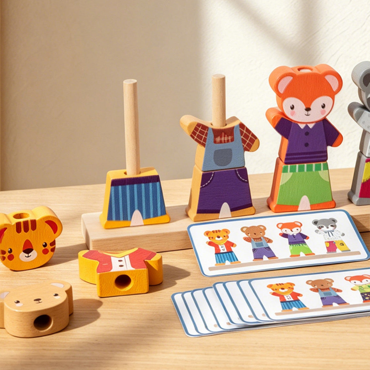 Wooden Animal Dress-Up Changing Puzzle Building Blocks, Educational Animal Matching Toy for Boys & Girls, Trains Fine Motor Skills, Focus & Hand-Eye Coordination, Parent-Child Play, Bear