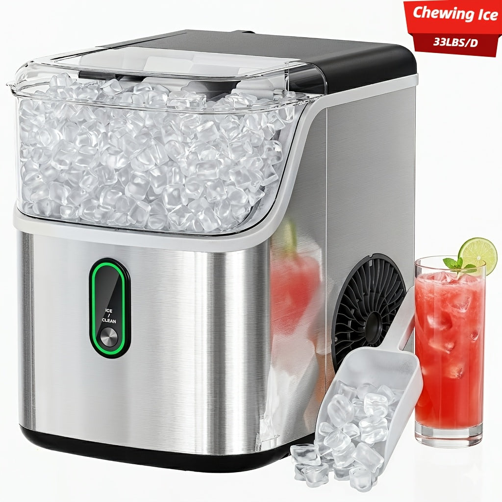 Nugget Ice Maker Countertop 33Lbs/Day Self-Cleaning, Portable Pebble Chewing Ice Machine with One-Button Control & 1.1L Tank, Compact Quiet for Home, Office & Outdoor Party