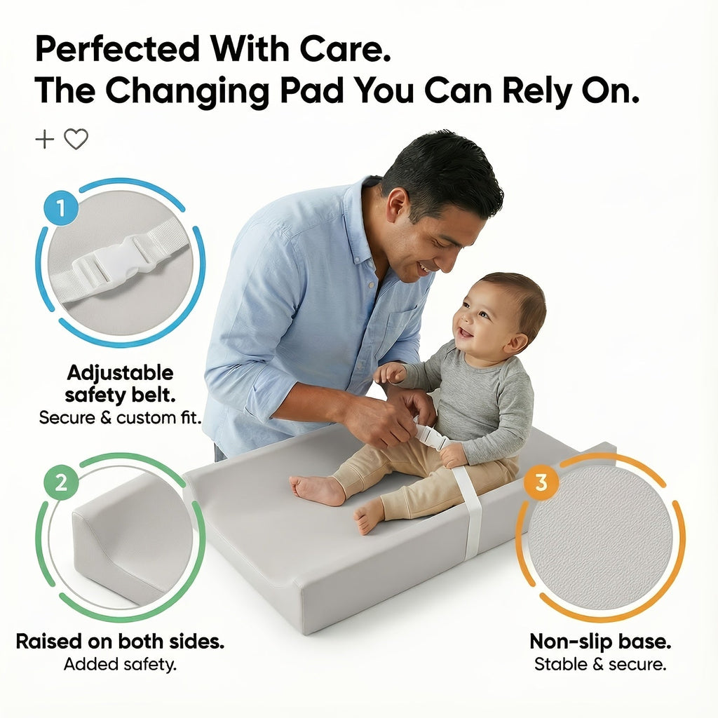PASAMIC Secure Grip Baby Diaper Changing Pad for Dresser, Waterproof & Wipeable Contoured Changing Pad, Standard Size 15.74 x 31.1 Inch, Non-Slip Baby Changing Mat for Dresser Top, Grey, Beige & Pink