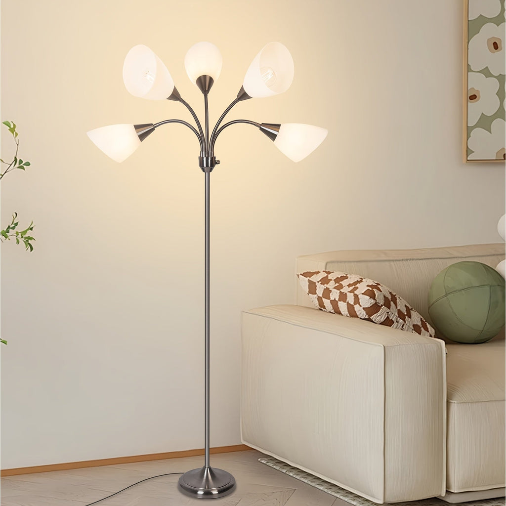 5-Head Gooseneck Adjustable Floor Lamp – Flexible Multi-Directional Reading & Task Light for Living Room Bedroom Office in Satin Nickel (Bulb Not Included)