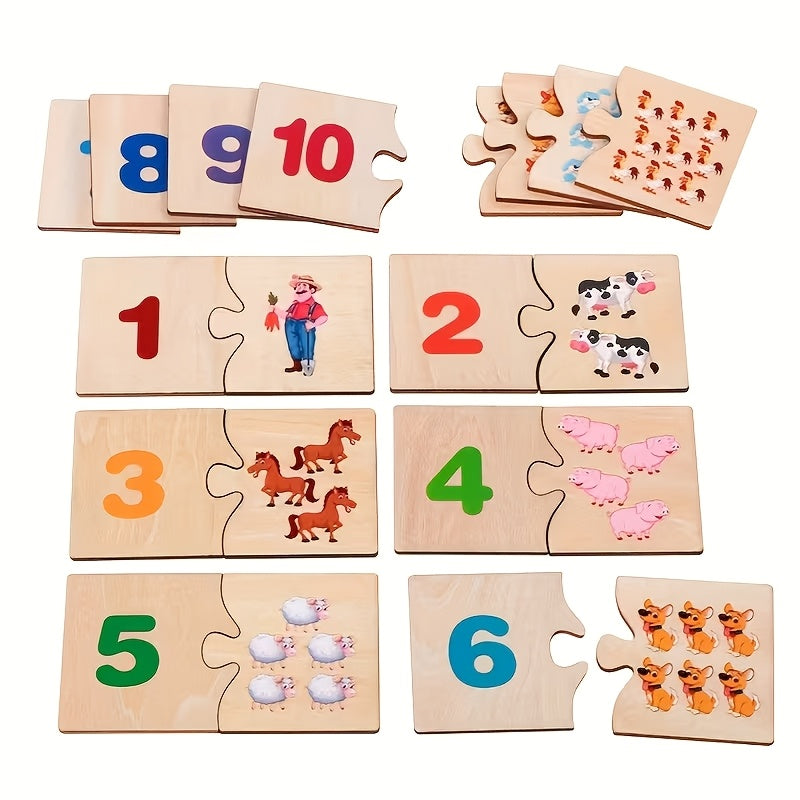 Wooden Number & Animal Matching Puzzle Board for Kids, Durable Educational Preschool Puzzle Toy for Fine Motor Skills & Hand-Grip Development, Fun Learning Birthday Gift