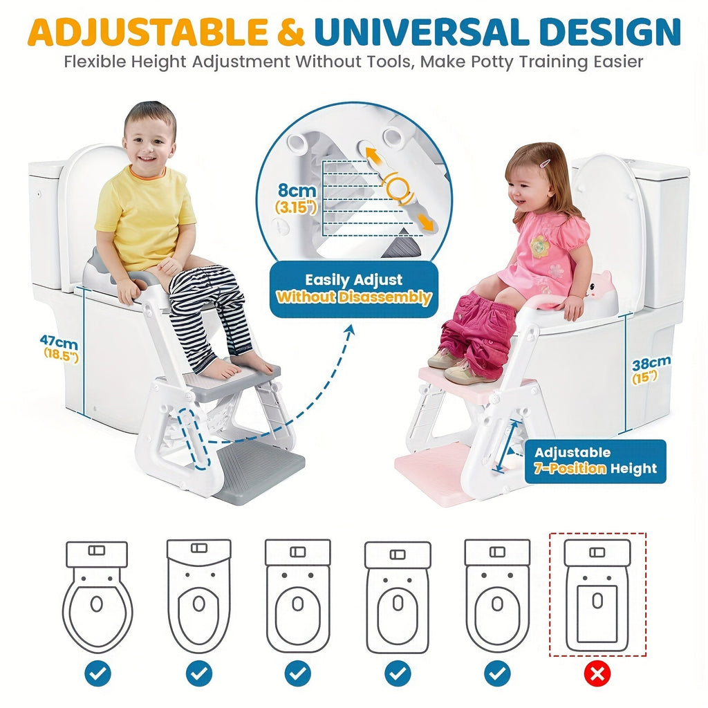 2-in-1 Adjustable Potty Training Toilet Seat with Step Stool for Toddlers, Stable Anti-Slip Potty Seat with Splash Guard for Boys & Girls, Grey White Green & Blue Options