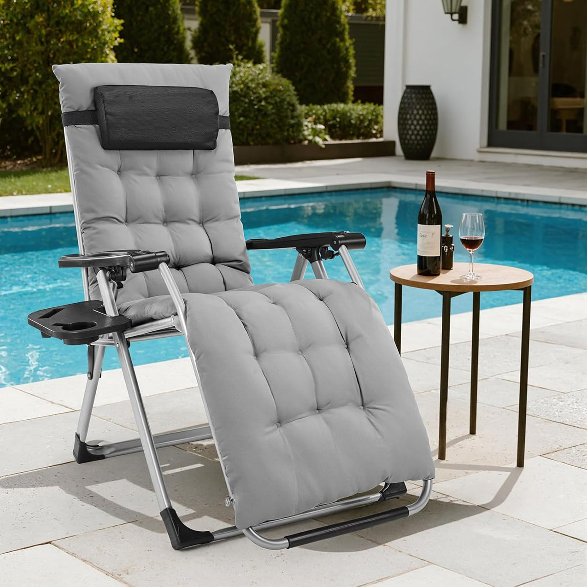 Zero Gravity Recliner with Cup Holder Tray & Detachable Cushion – Foldable Indoor Outdoor Lounge Chair with Adjustable Headrest in Black & Gray (1 or 2 Pack)